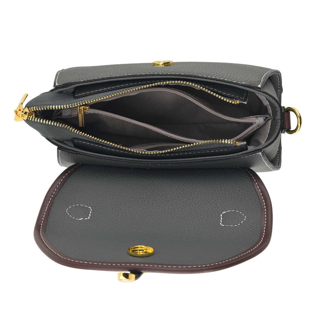 Genuine Leather Structured Flapover Satchel Bag with Webbing Strap - Green V32521268 6