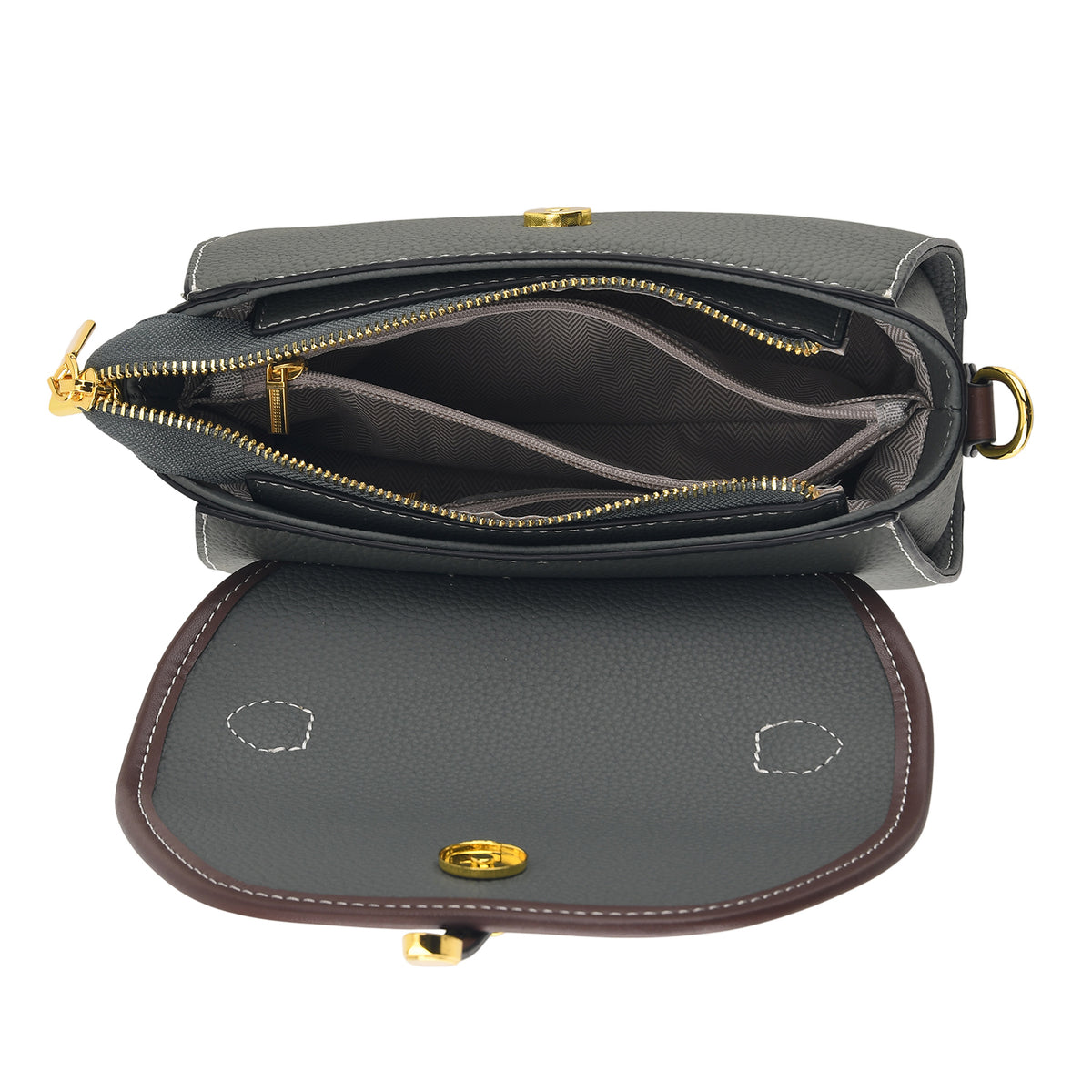 Genuine Leather Structured Flapover Satchel Bag with Webbing Strap - Green V32521268 6