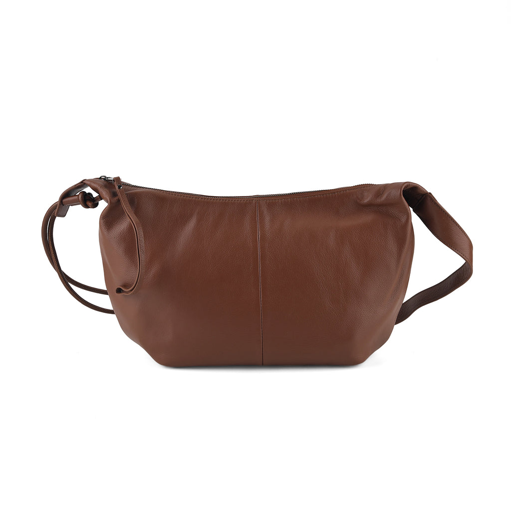 Genuine Leather Slouchy Crescent Hobo Crossbody Bag - Brown_8567226