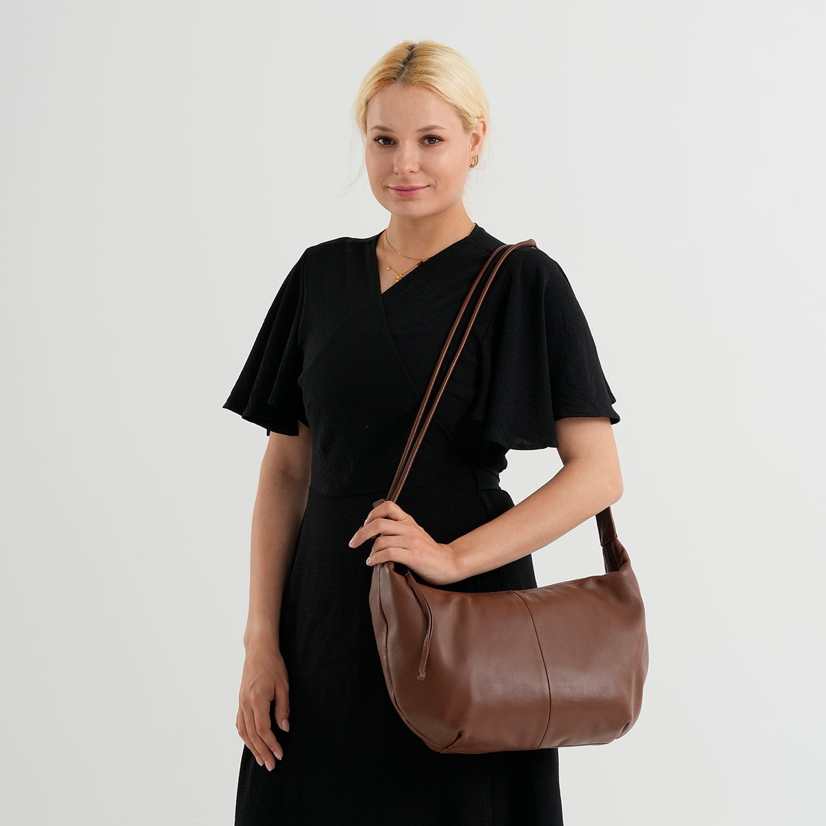 Genuine Leather Slouchy Crescent Hobo Crossbody Bag - Brown V32566876 2