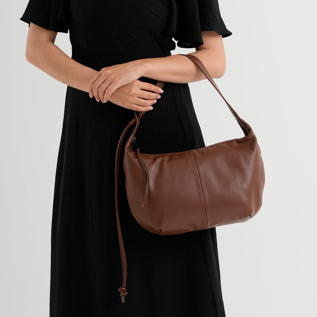 Genuine Leather Slouchy Crescent Hobo Crossbody Bag - Brown_8567226_3