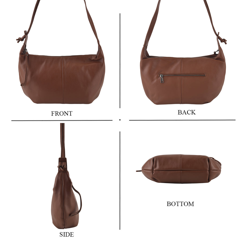 Genuine Leather Slouchy Crescent Hobo Crossbody Bag - Brown_8567226_4