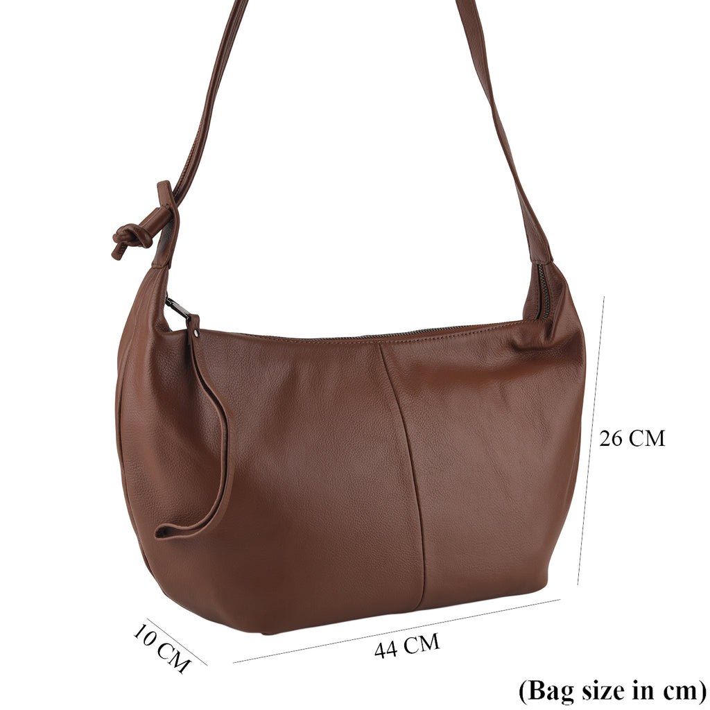 Genuine Leather Slouchy Crescent Hobo Crossbody Bag - Brown_8567226_7