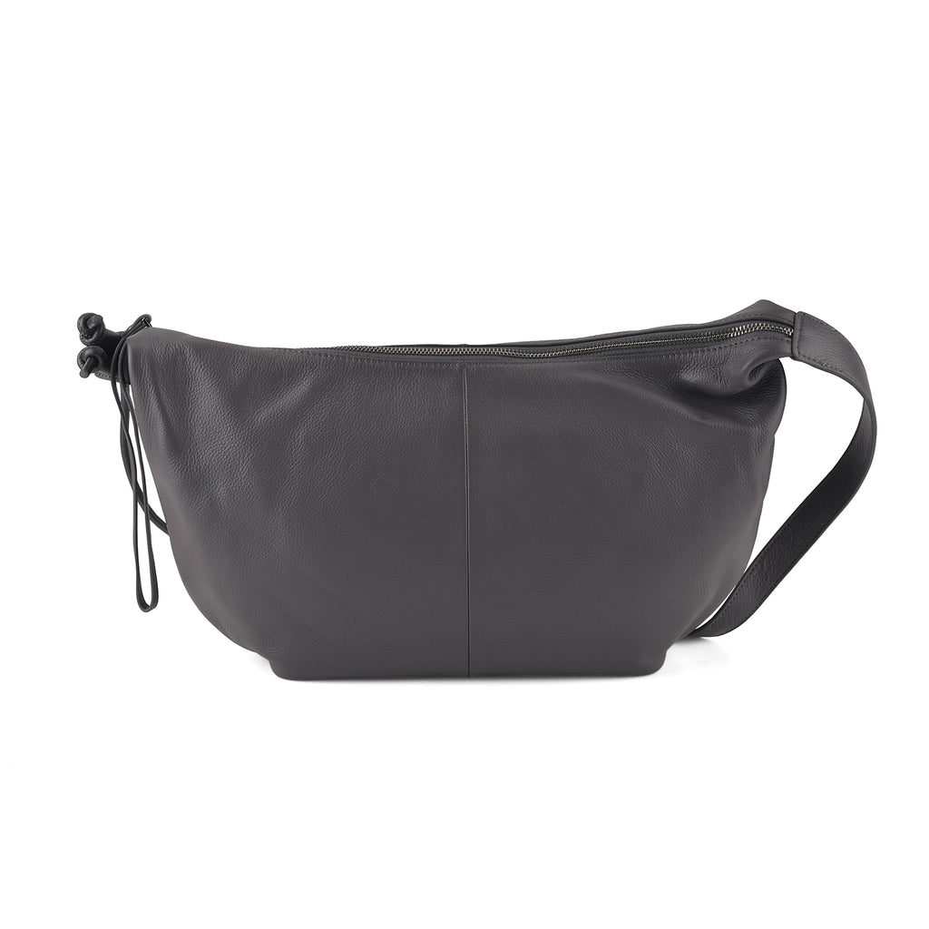 Genuine Leather Slouchy Crescent Hobo Crossbody Bag - Grey_8567227