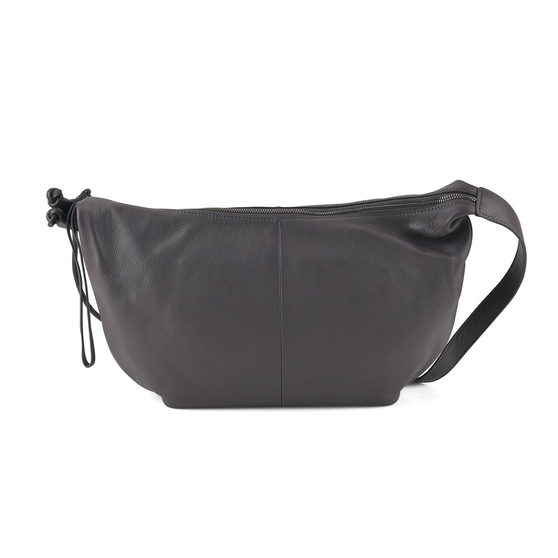 Genuine Leather Slouchy Crescent Hobo Crossbody Bag - Grey_8567227
