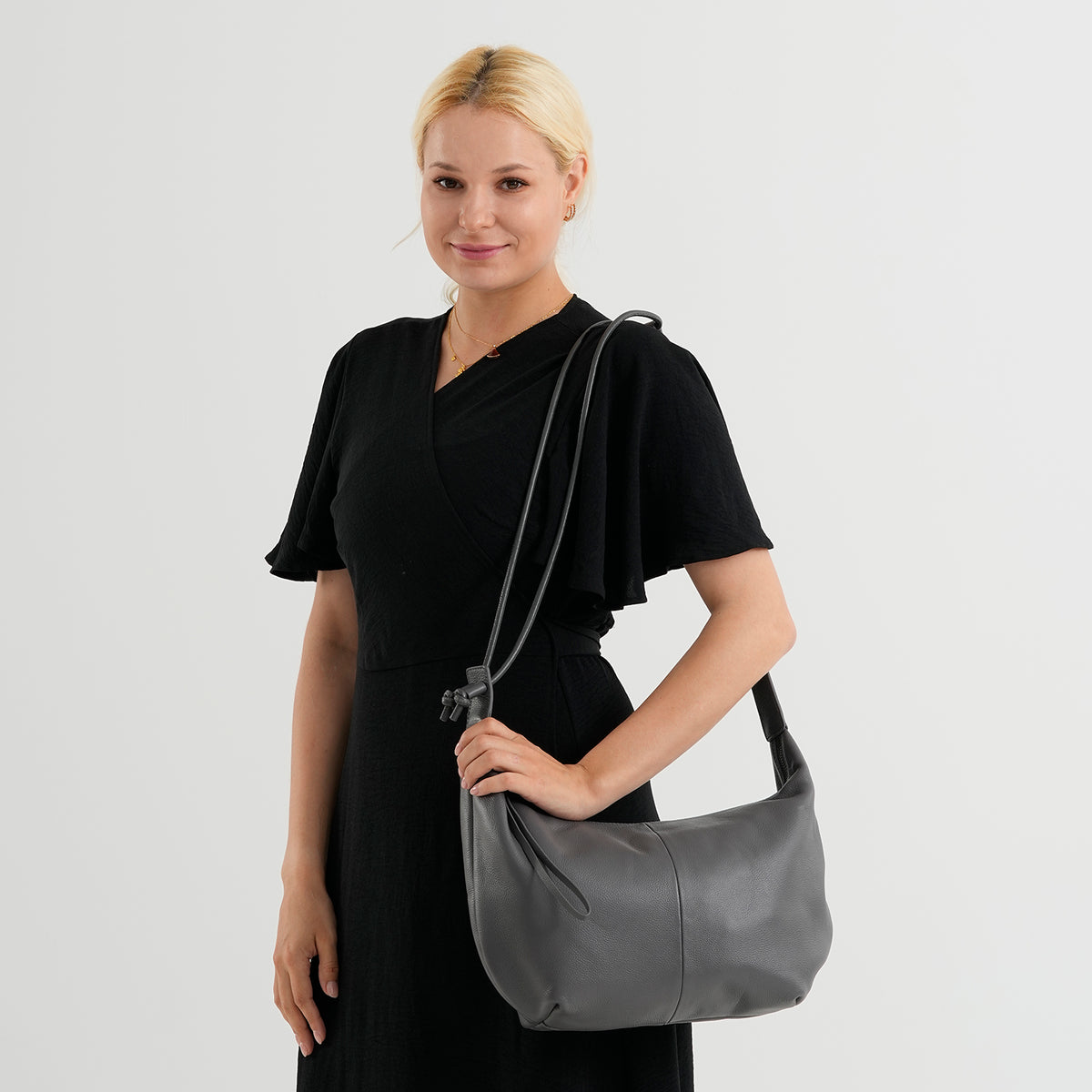 Genuine Leather Slouchy Crescent Hobo Crossbody Bag - Grey V32723309 2