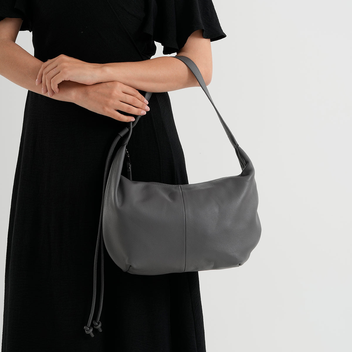 Genuine Leather Slouchy Crescent Hobo Crossbody Bag - Grey V32723309 3