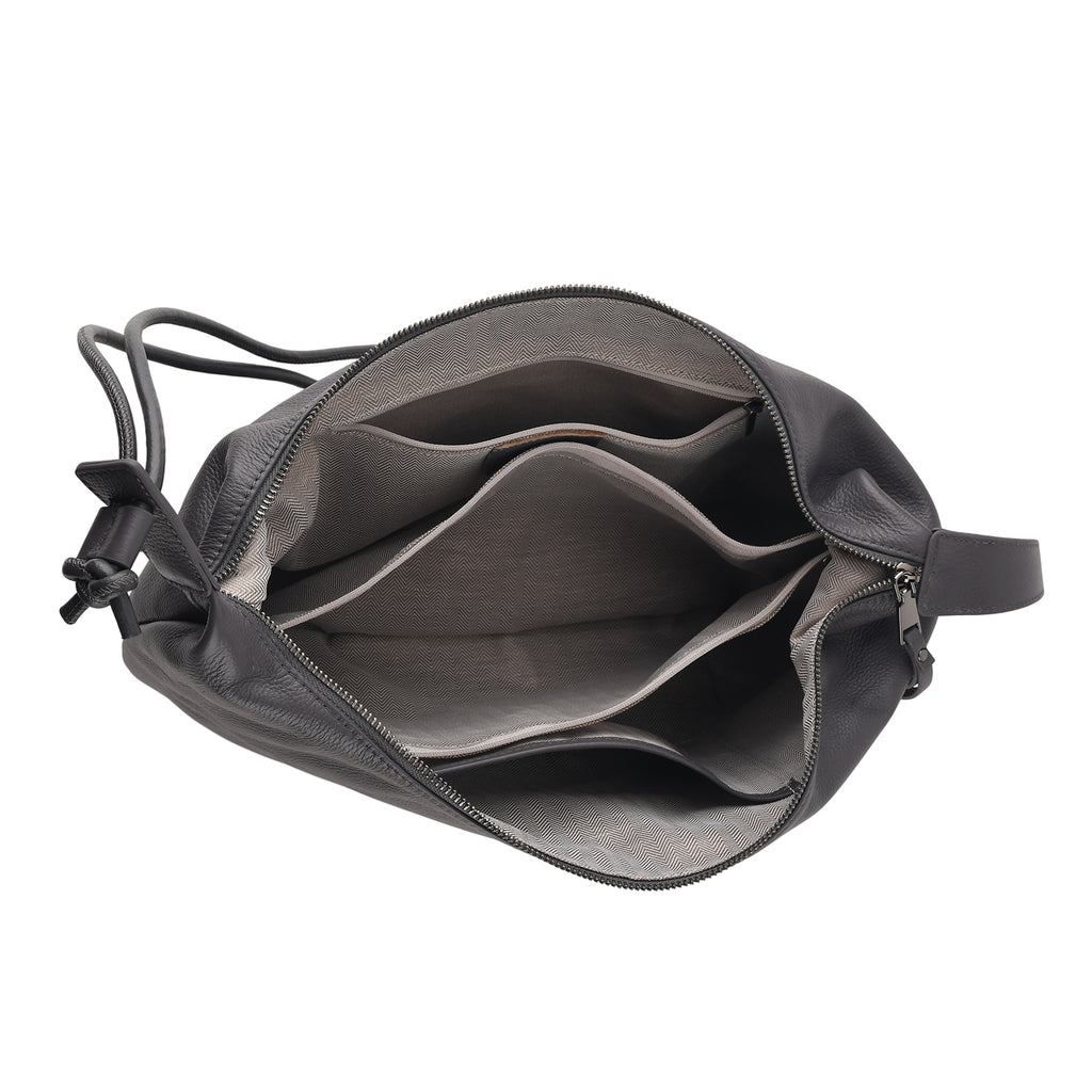 Genuine Leather Slouchy Crescent Hobo Crossbody Bag - Grey_8567227_5
