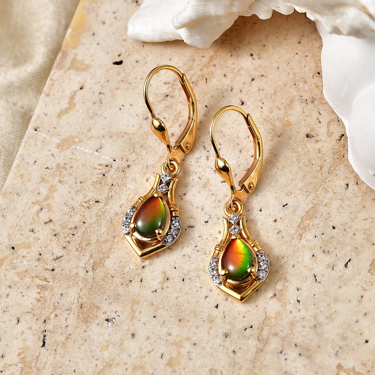 D'Joy - Ammolite &amp; White Zircon Lever Back Earring in 18K Vermeil Yellow Gold Plated Sterling Silver 1.70 Ct. 8567870 3