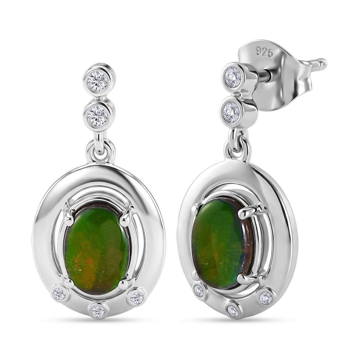 D'Joy - Ammolite &amp; Moissanite Dangling Earring with Push Post in Rhodium Overlay Sterling Silver 1.80 Ct. 8567873 0