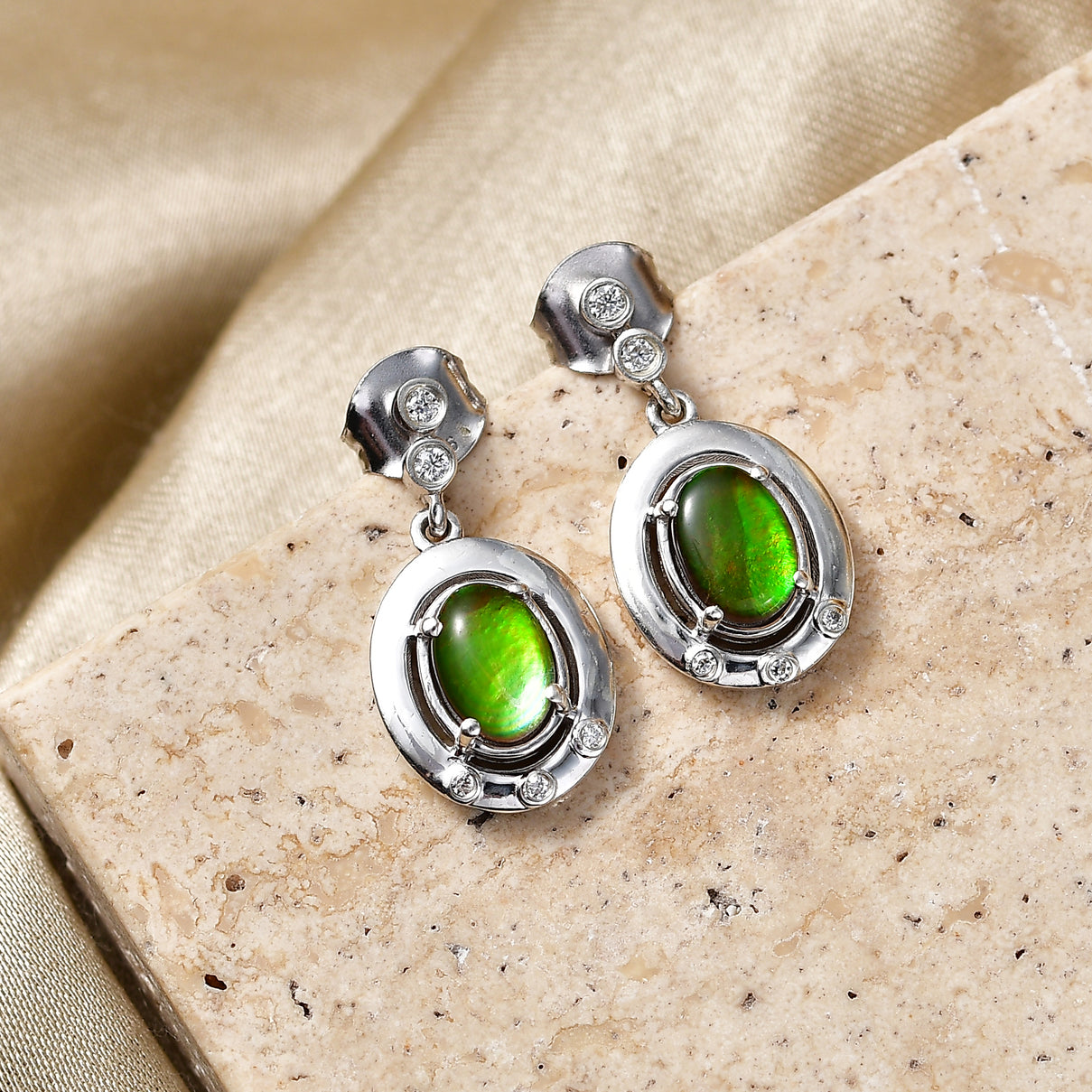 D'Joy - Ammolite &amp; Moissanite Dangling Earring with Push Post in Rhodium Overlay Sterling Silver 1.80 Ct. 8567873 3