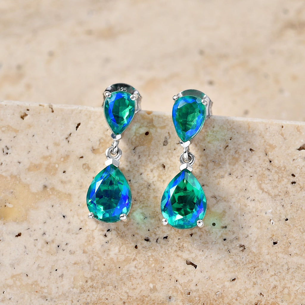 D'Joy - Peacock Triplet Quartz Dangling Earring with Push Post in Platinum Overlay Sterling Silver 5.00 Ct.