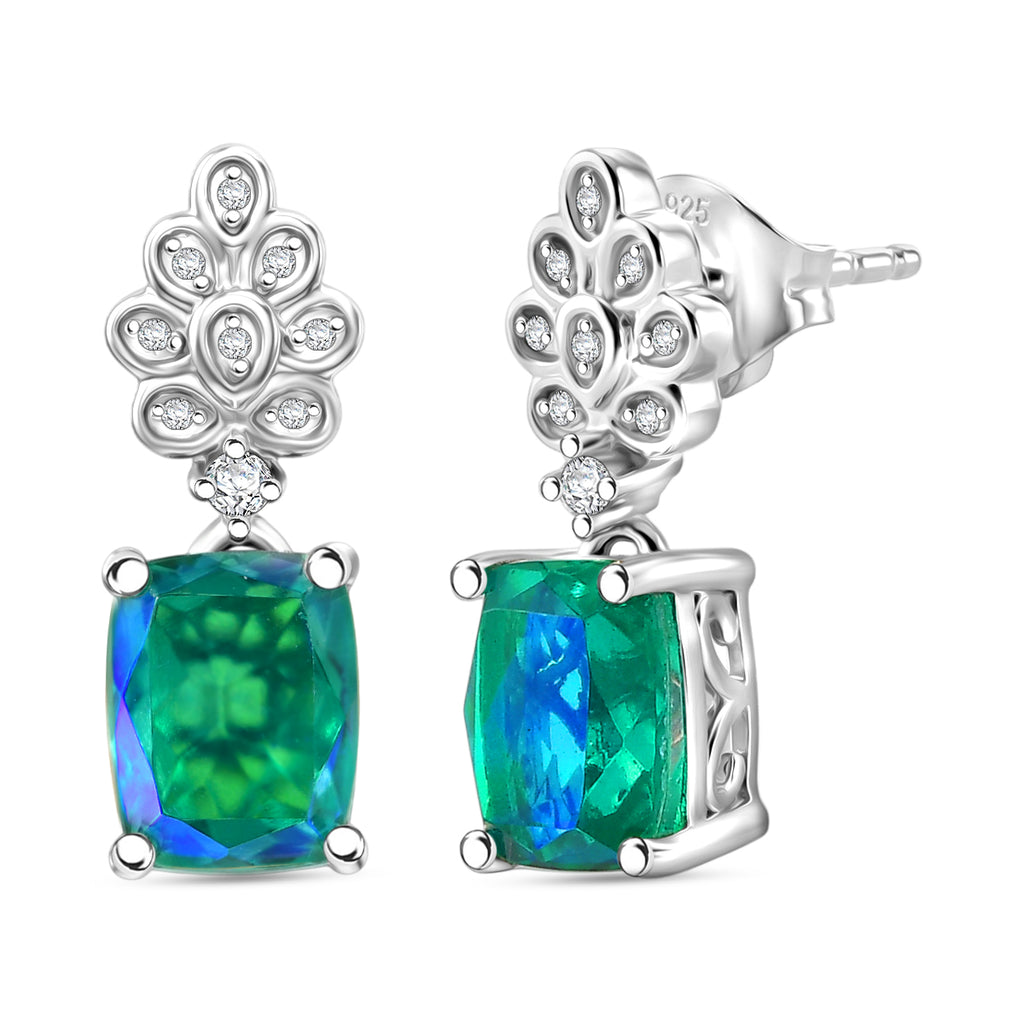 D'Joy - Peacock Triplet Quartz & White Zircon Dangling Earring with Push Post in Platinum Overlay Sterling Silver 3.16 Ct._8567915