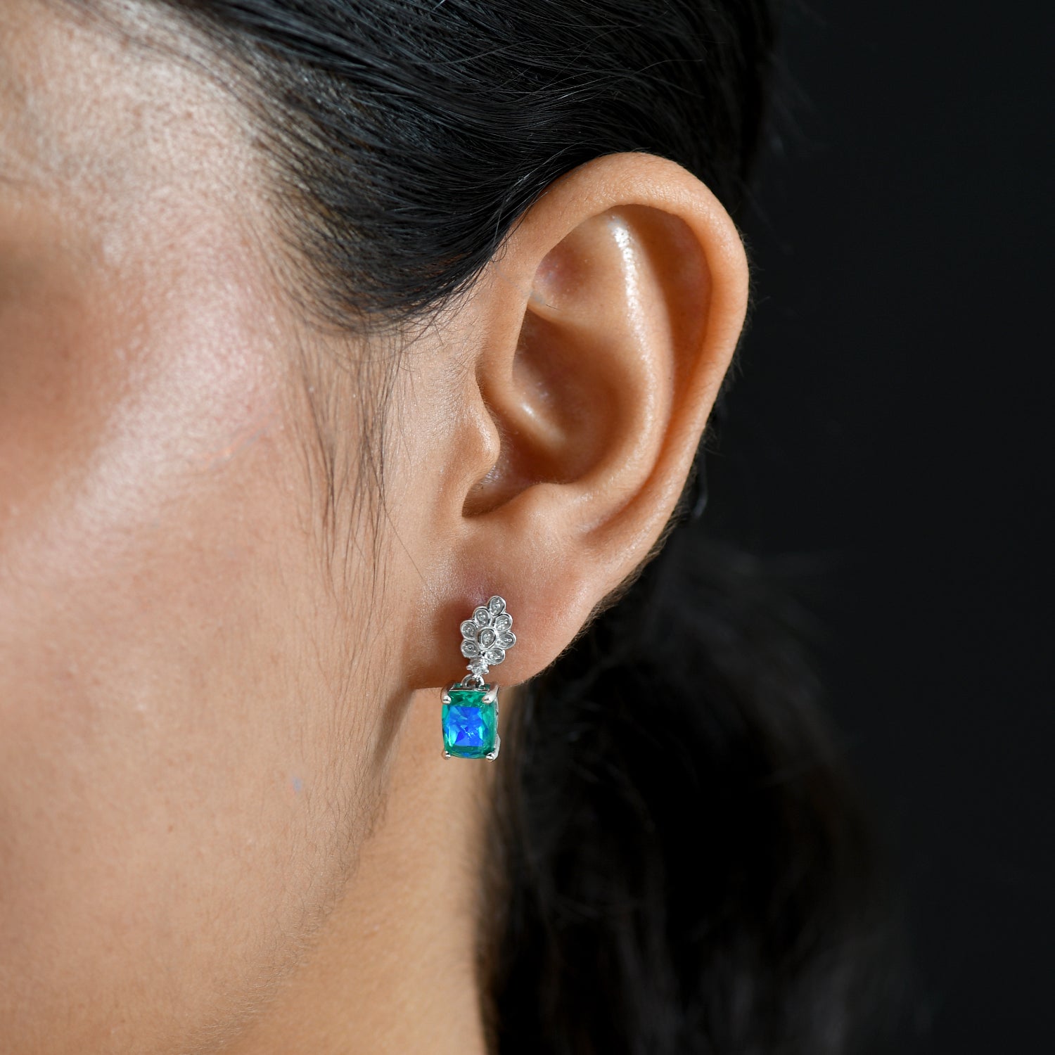D'Joy - Peacock Triplet Quartz &amp; White Zircon Dangling Earring with Push Post in Platinum Overlay Sterling Silver 3.16 Ct. 8567915 2