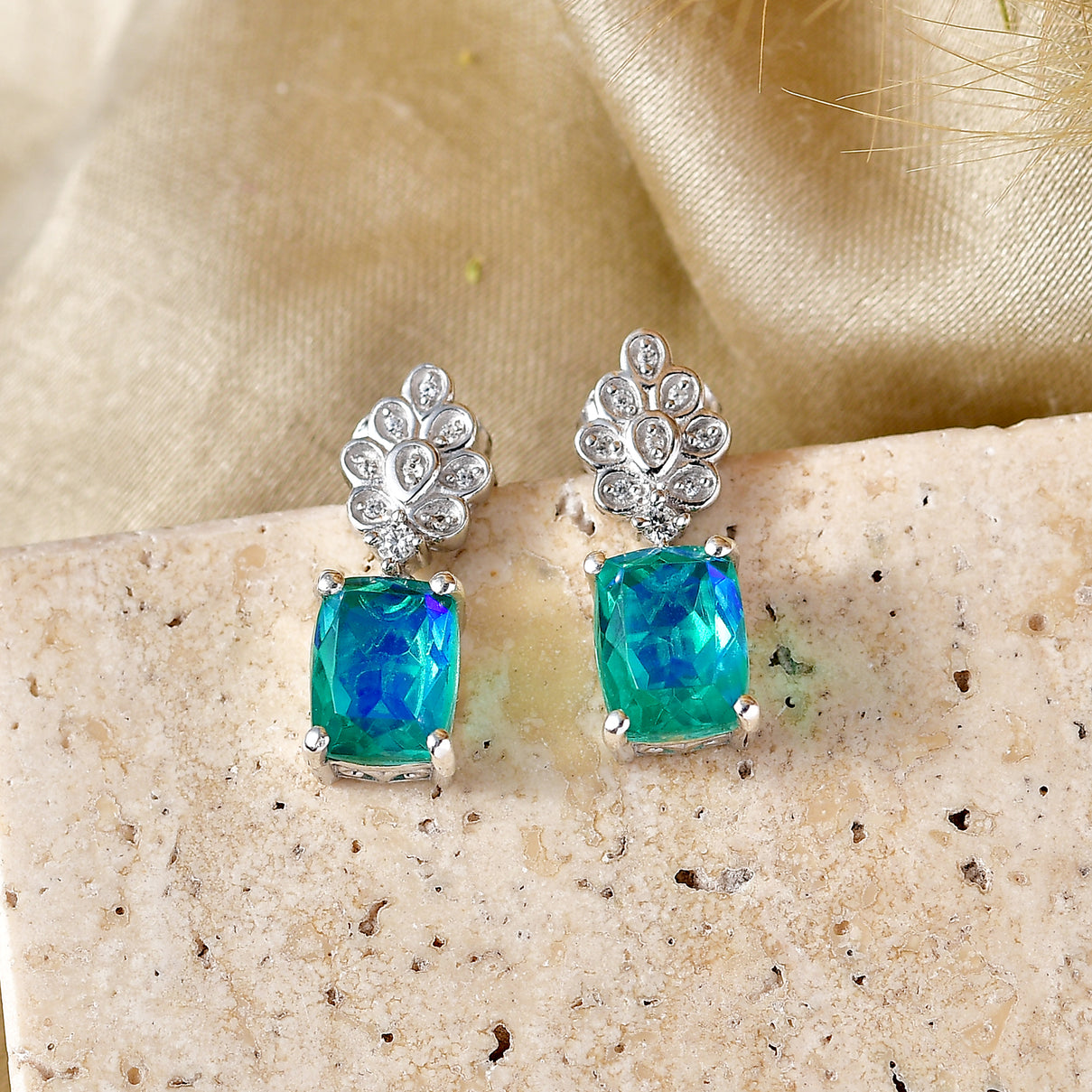 D'Joy - Peacock Triplet Quartz &amp; White Zircon Dangling Earring with Push Post in Platinum Overlay Sterling Silver 3.16 Ct. 8567915 3