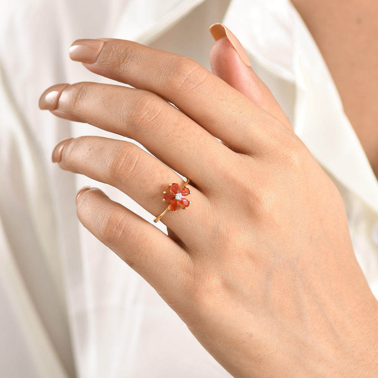 Luxuriant - Natural Crimson Fire Opal &amp; Lab Grown Diamond (SI/G-H) Floral Ring in Yellow Gold Plated Sterling Silver 0.72 Ct. V32516010 2