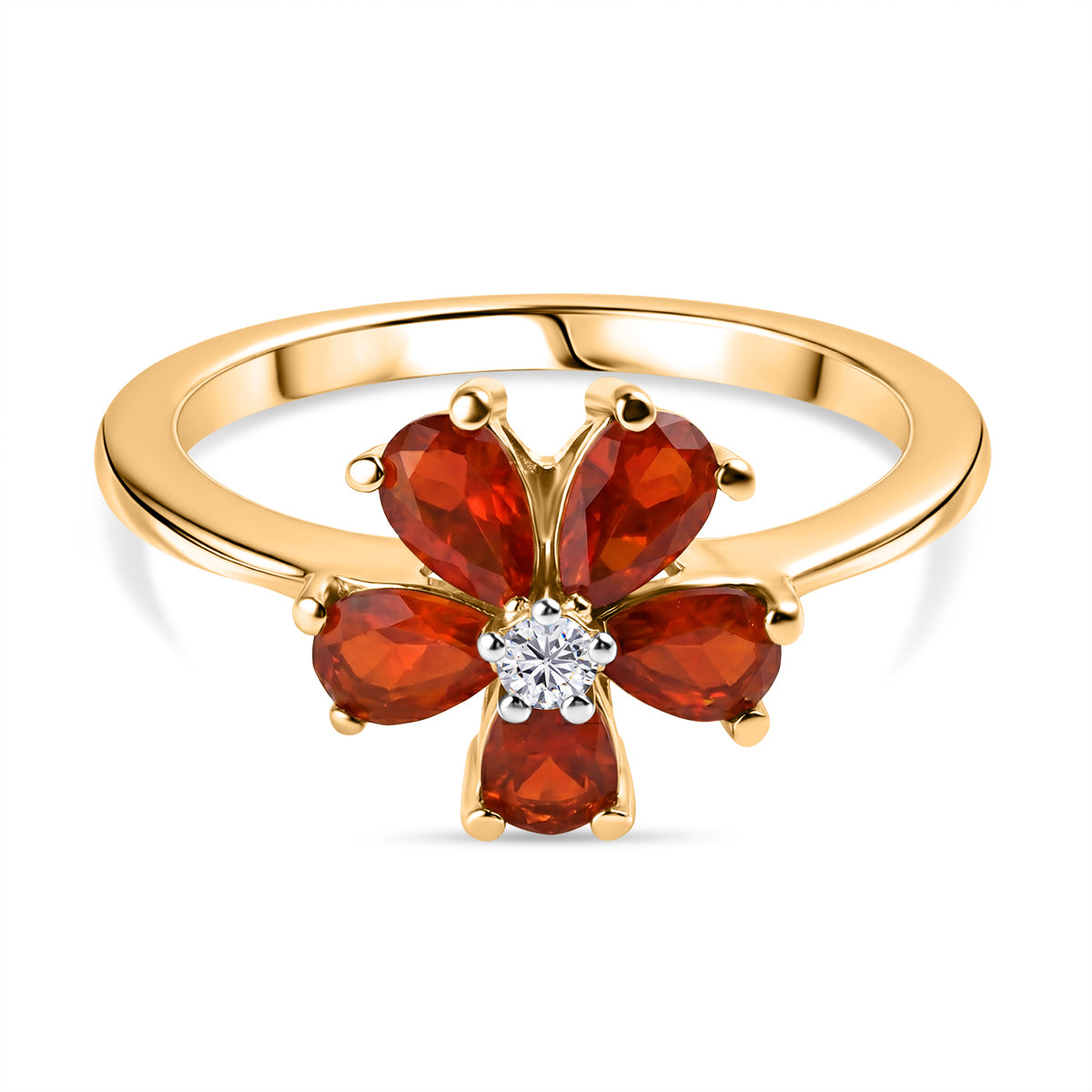 Luxuriant - Natural Crimson Fire Opal &amp; Lab Grown Diamond (SI/G-H) Floral Ring in Yellow Gold Plated Sterling Silver 0.72 Ct. V32521279 0