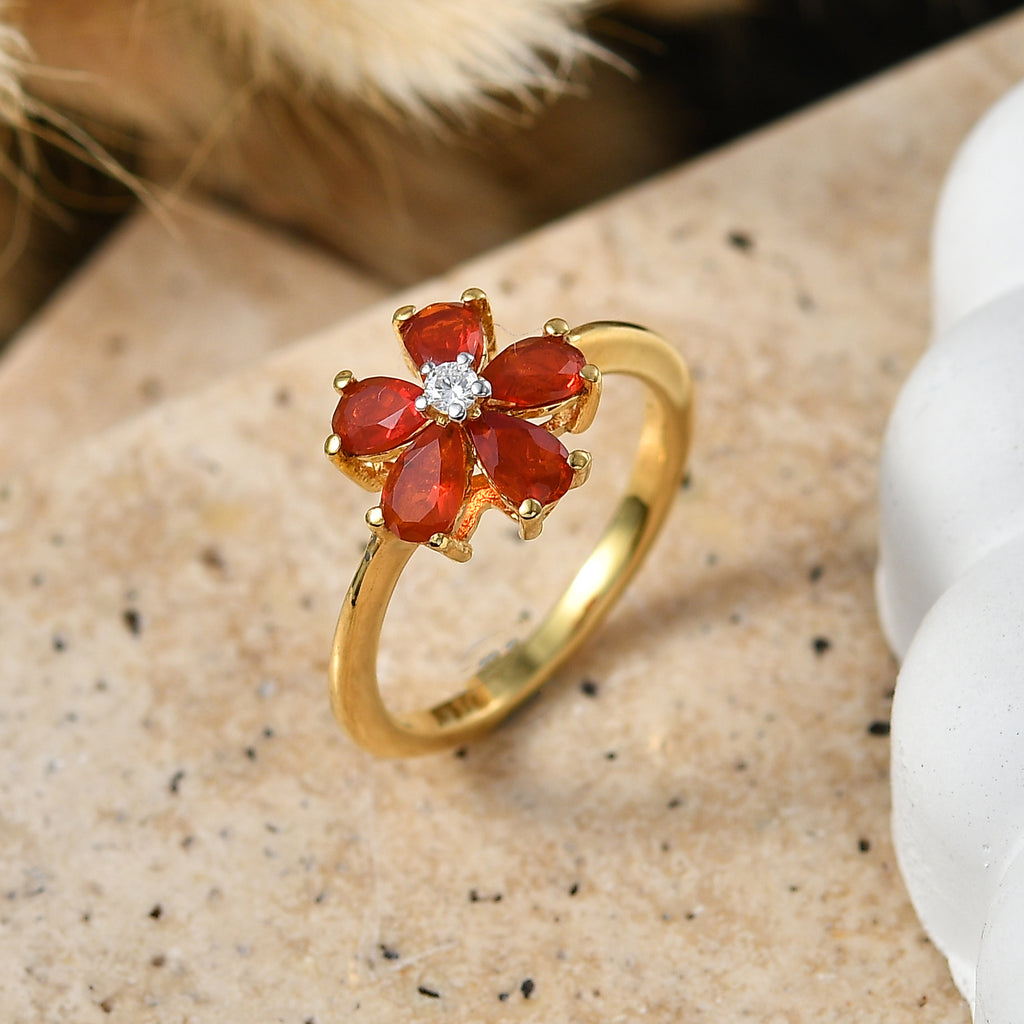 Luxuriant - Natural Crimson Fire Opal & Lab Grown Diamond (SI/G-H) Floral Ring in Yellow Gold Plated Sterling Silver 0.72 Ct._8567918_2