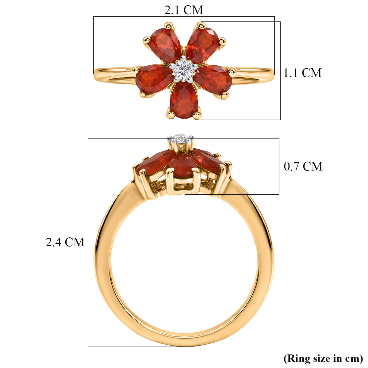 Luxuriant - Natural Crimson Fire Opal &amp; Lab Grown Diamond (SI/G-H) Floral Ring in Yellow Gold Plated Sterling Silver 0.72 Ct. V32521279 6
