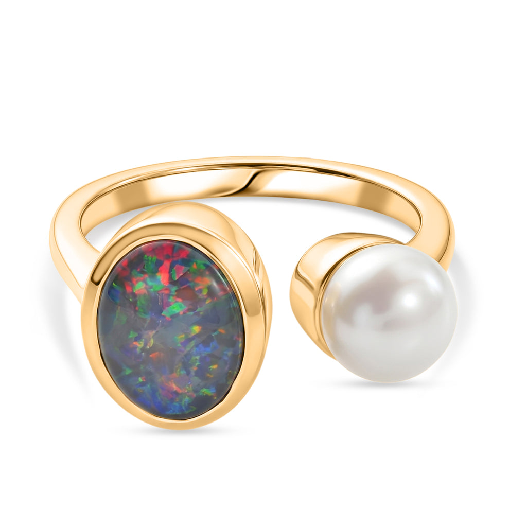 D'Joy - Boulder Opal Triplet & Fresh Water Pearl Ring in Yellow Gold Plated Sterling Silver 2.87 Ct._8568029