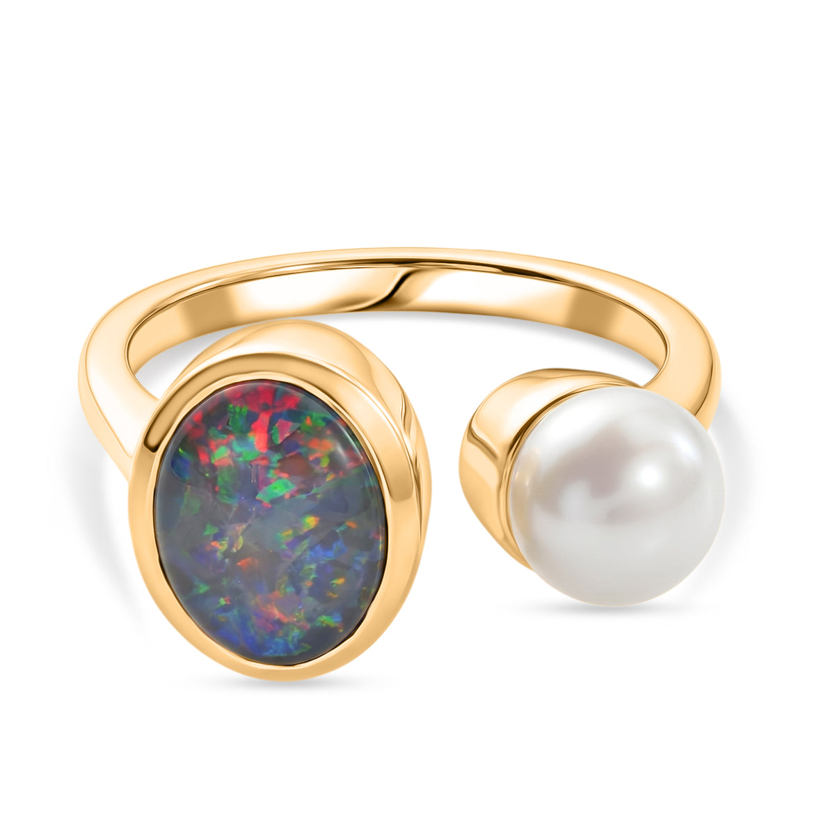 D'Joy - Boulder Opal Triplet &amp; Fresh Water Pearl Ring in Yellow Gold Plated Sterling Silver 2.87 Ct. V32489664 0