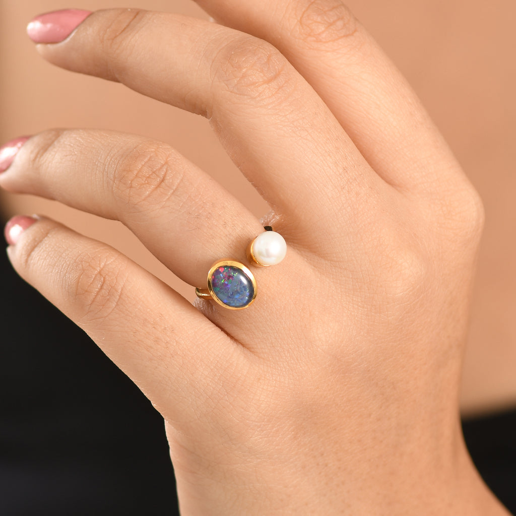 D'Joy - Boulder Opal Triplet & Fresh Water Pearl Ring in Yellow Gold Plated Sterling Silver 2.87 Ct._8568029_1