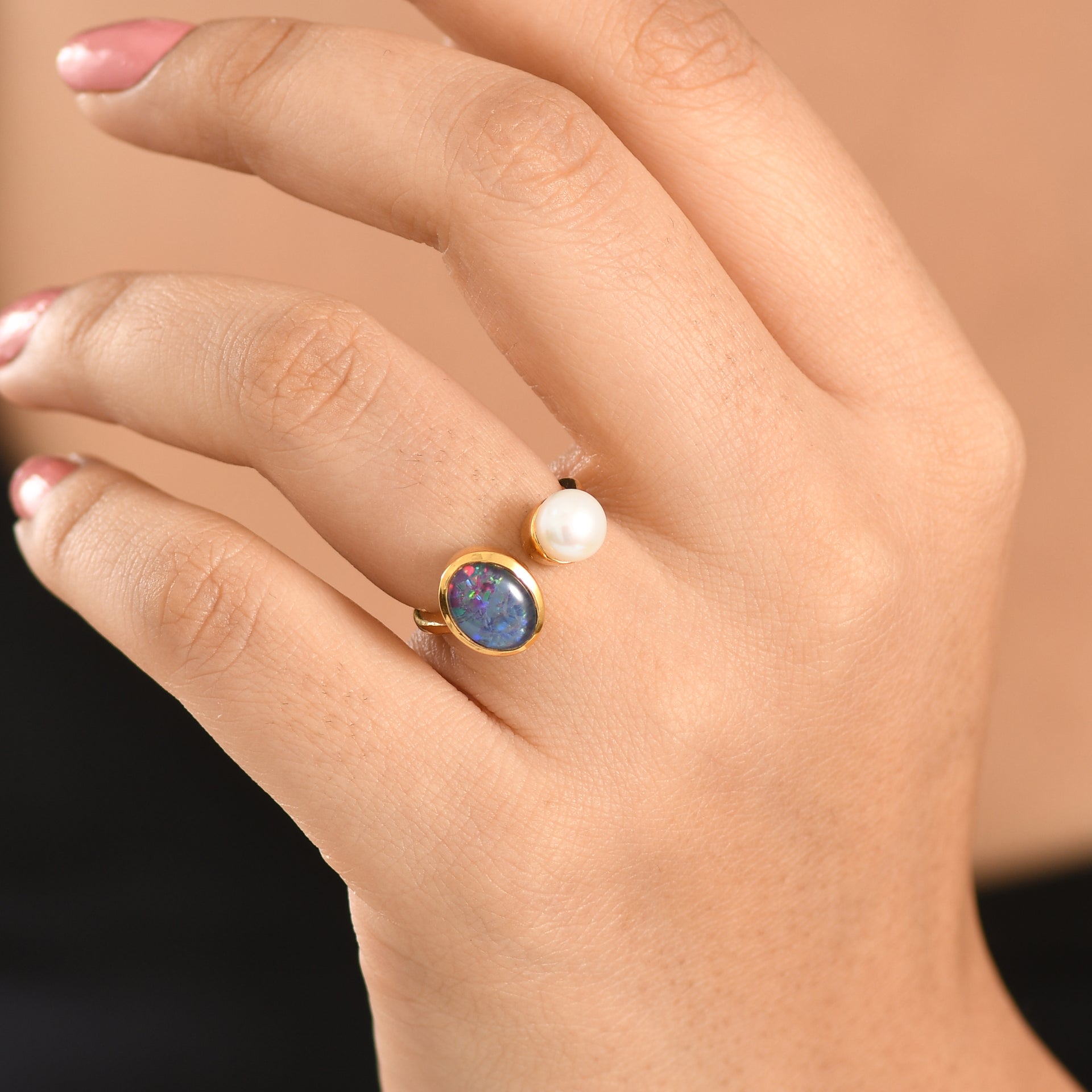 D'Joy - Boulder Opal Triplet &amp; Fresh Water Pearl Ring in Yellow Gold Plated Sterling Silver 2.87 Ct. V32489664 2