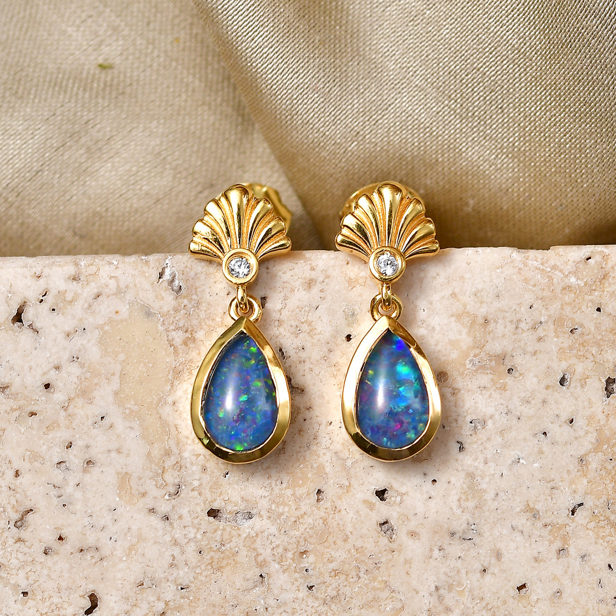 D'Joy - Boulder Opal White Zircon Dangling Earring with Push Post in Yellow Gold Plated Sterling Silver 1.36 Ct. V32513444 3