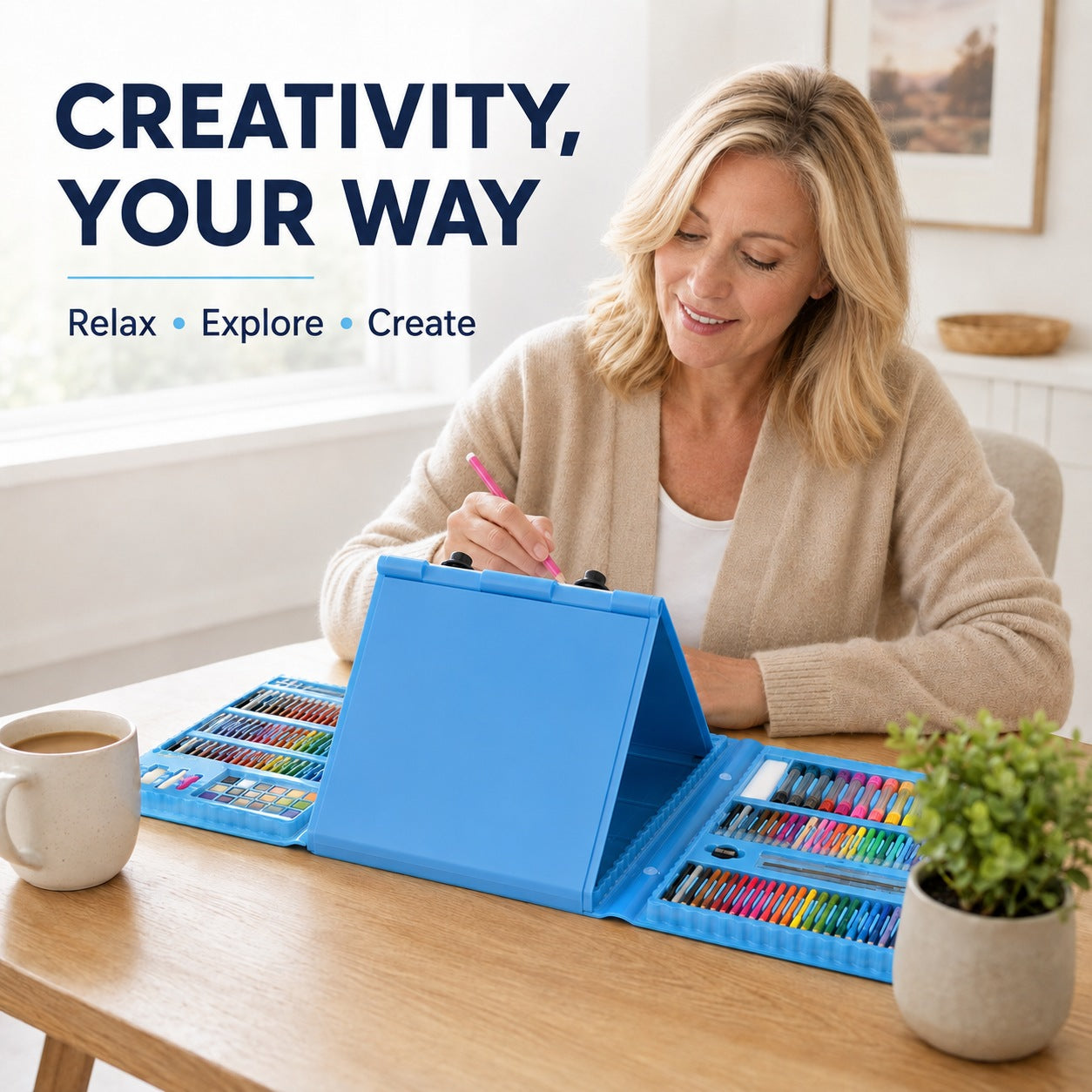 LIVMORE Kids Special 208pc Drawing and Painting Set Double Sided Trifold Easel - Blue 8569628 2