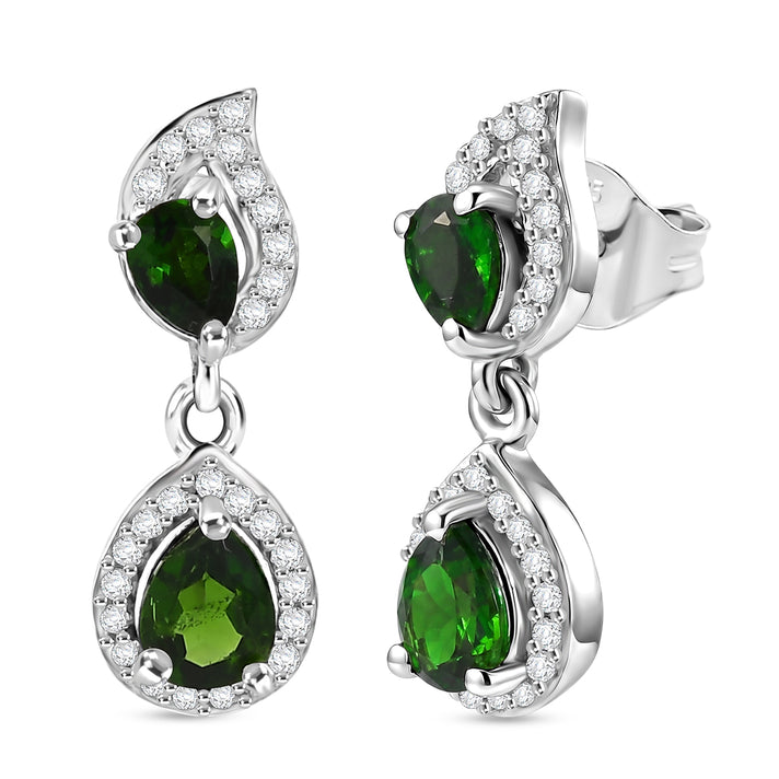 D'Joy - Natural Chrome Diopside &amp; White Zircon Dangling Earring with Push Post in Platinum Overlay Sterling Silver 1.33 Ct. 8569828 1