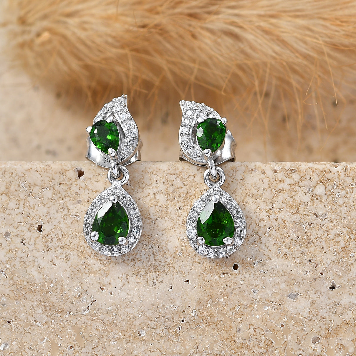 D'Joy - Natural Chrome Diopside &amp; White Zircon Dangling Earring with Push Post in Platinum Overlay Sterling Silver 1.33 Ct. 8569828 3