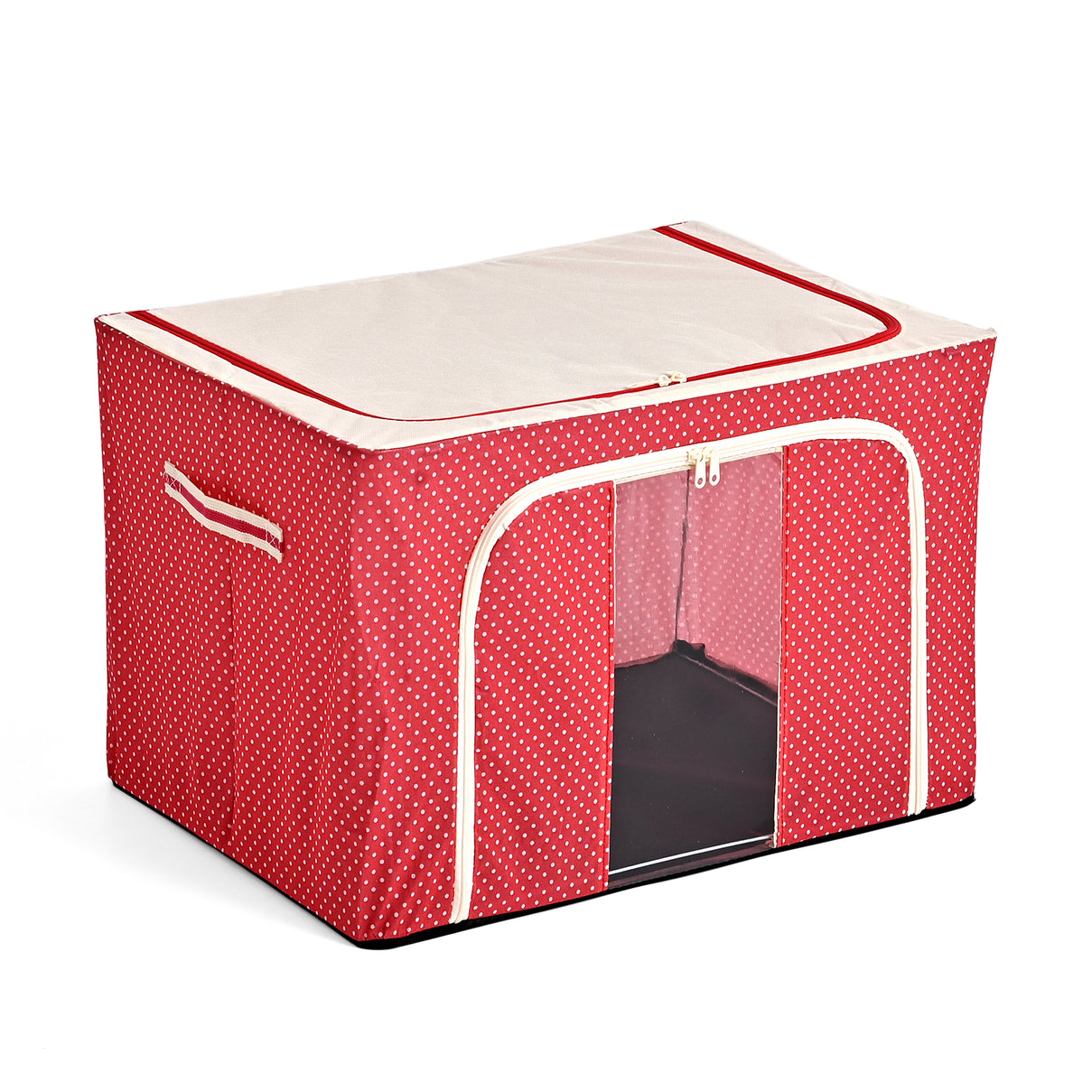Polka Dot Foldable Steel Frame Clothes Organizer with Clear Window &amp; Dual Zippers (60x42x39cm) - Red 8569835 1