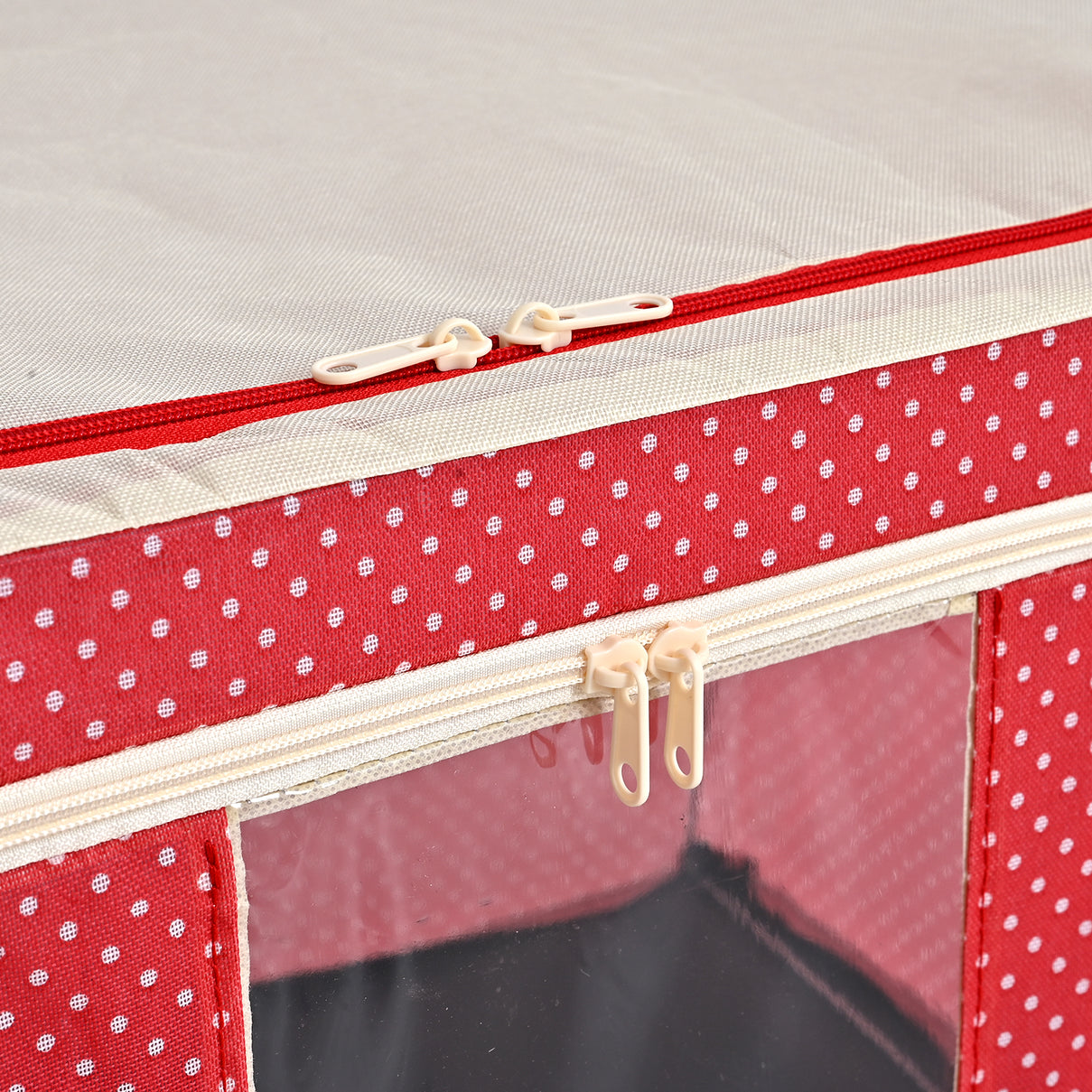 Polka Dot Foldable Steel Frame Clothes Organizer with Clear Window &amp; Dual Zippers (60x42x39cm) - Red 8569835 5