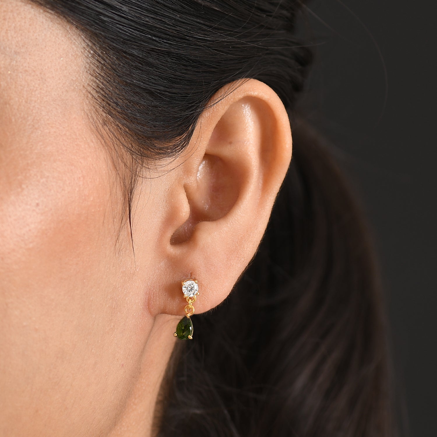 D'Joy - Natural Chrome Diopside &amp; Moissanite Dangling Earring with Push Post in Yellow Gold Plated Sterling Silver 1.36 Ct. V32350936 2