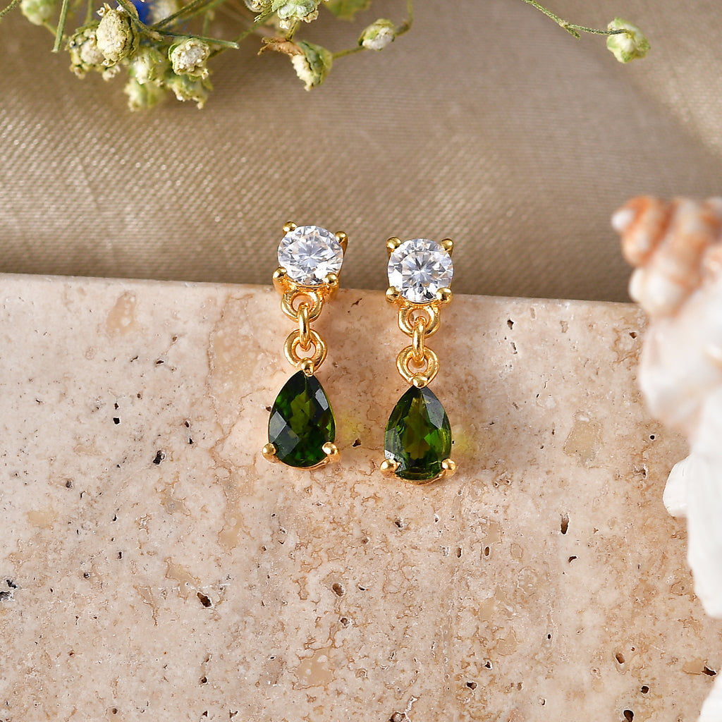 D'Joy - Natural Chrome Diopside & Moissanite Dangling Earring with Push Post in Yellow Gold Plated Sterling Silver 1.36 Ct._8569862_2