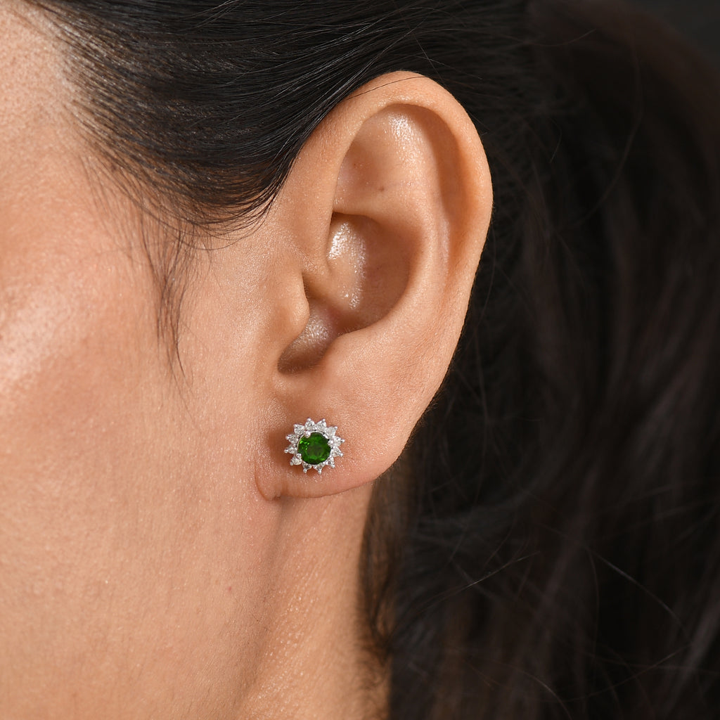 D'Joy - Natural Chrome Diopside & White Zircon Halo Earring with Push Post in Platinum Overlay Sterling Silver 1.10 Ct._8569930_1
