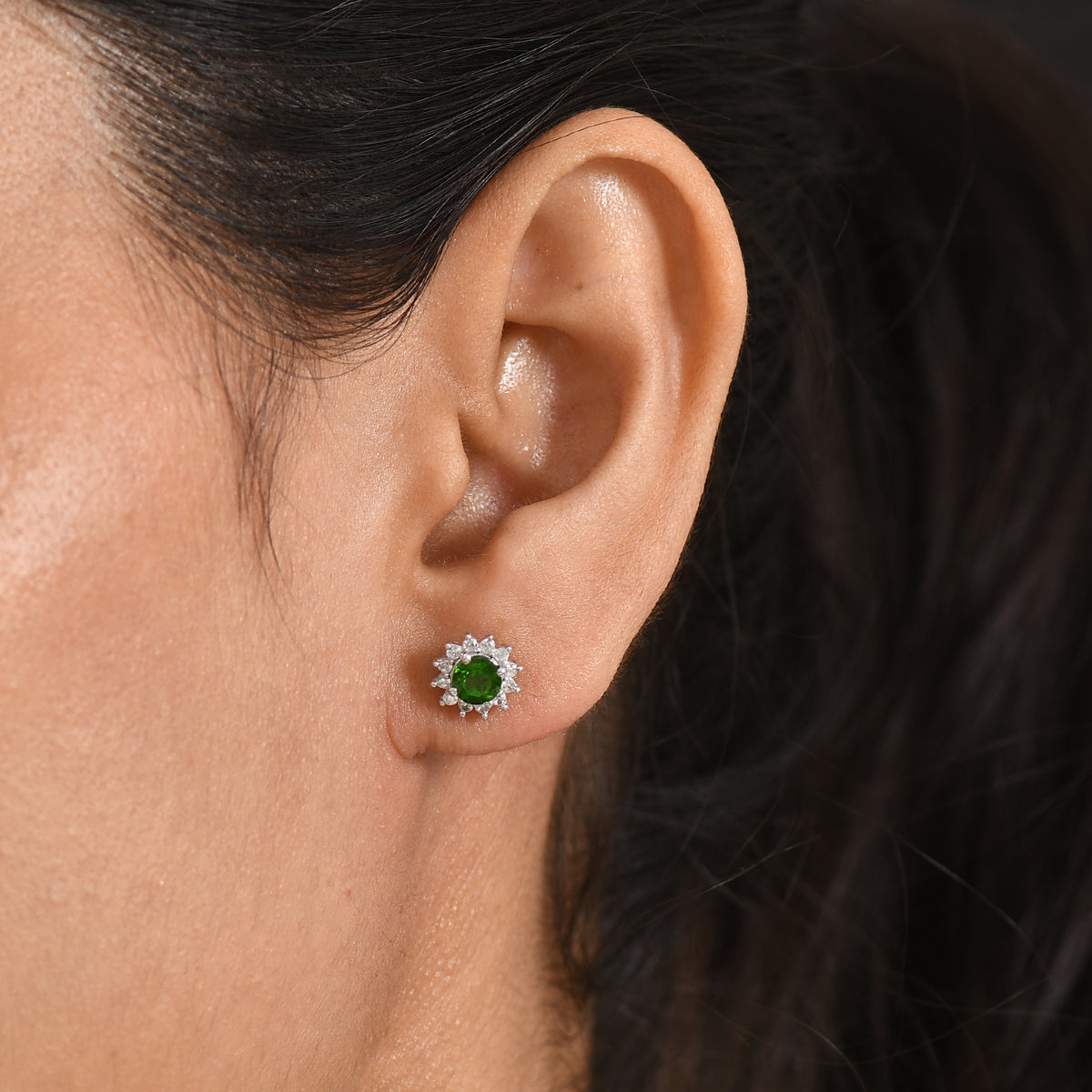 D'Joy - Natural Chrome Diopside &amp; White Zircon Halo Earring with Push Post in Platinum Overlay Sterling Silver 1.10 Ct. V32519557 2
