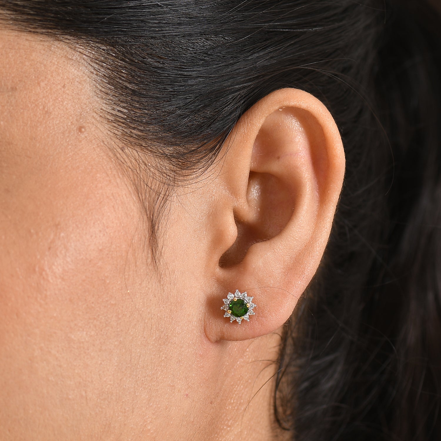 D'Joy - Natural Chrome Diopside &amp; White Zircon Halo Earring with Push Back in Yellow Gold Plated Sterling Silver 1.10 Ct. V32514174 2