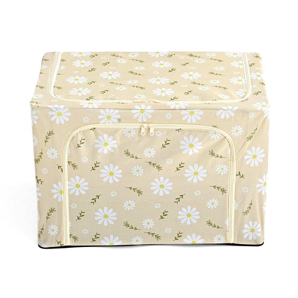 Floral Print Foldable Steel Frame Clothes Organizer with Clear Window & Dual Zippers (60x42x39cm) - Beige_8569946
