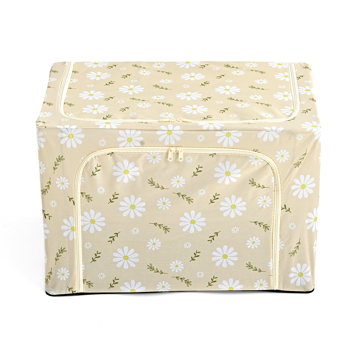 Floral Print Foldable Steel Frame Clothes Organizer with Clear Window &amp; Dual Zippers (60x42x39cm) - Beige 8569946 0