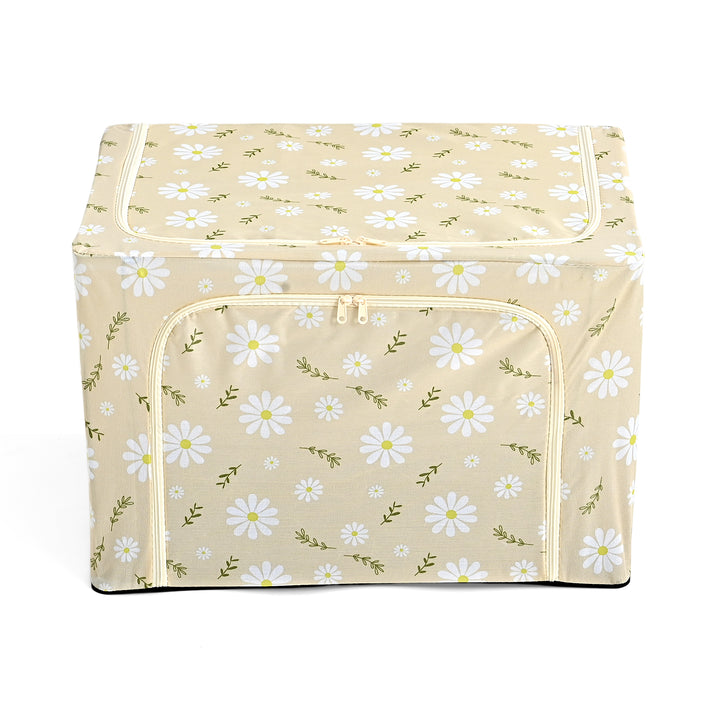 Floral Print Foldable Steel Frame Clothes Organizer with Clear Window &amp; Dual Zippers (60x42x39cm) - Beige 8569946 1
