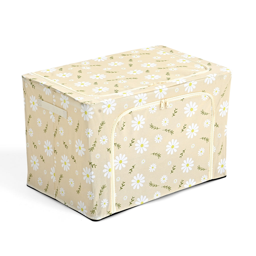 Floral Print Foldable Steel Frame Clothes Organizer with Clear Window & Dual Zippers (60x42x39cm) - Beige_8569946_1