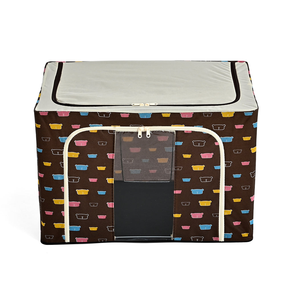 Multi-icon Print Foldable Steel Frame Clothes Organizer with Clear Window & Dual Zippers (60x42x39cm) - Brown Bear_8569961