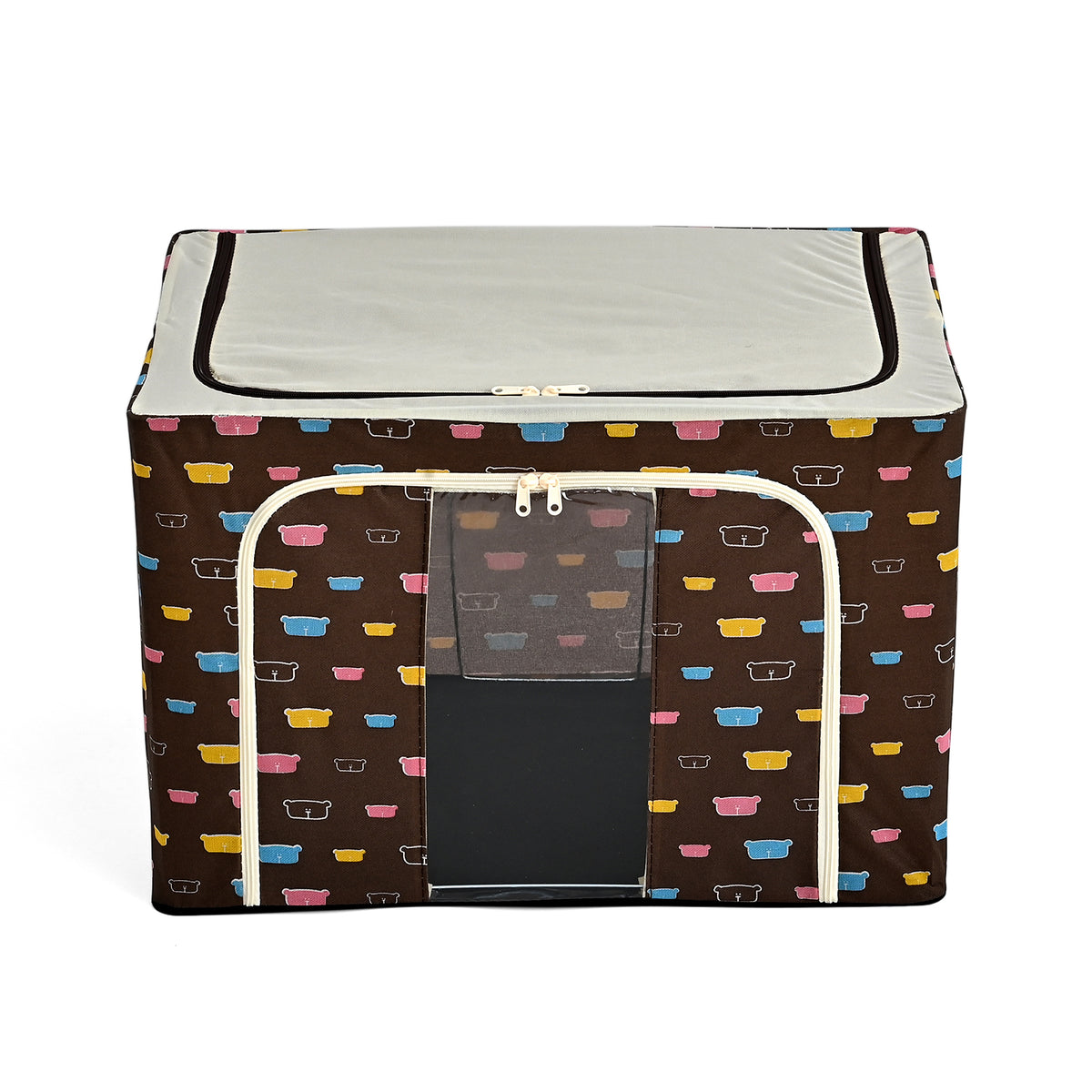 Multi-icon Print Foldable Steel Frame Clothes Organizer with Clear Window &amp; Dual Zippers (60x42x39cm) - Brown Bear V32528787 0