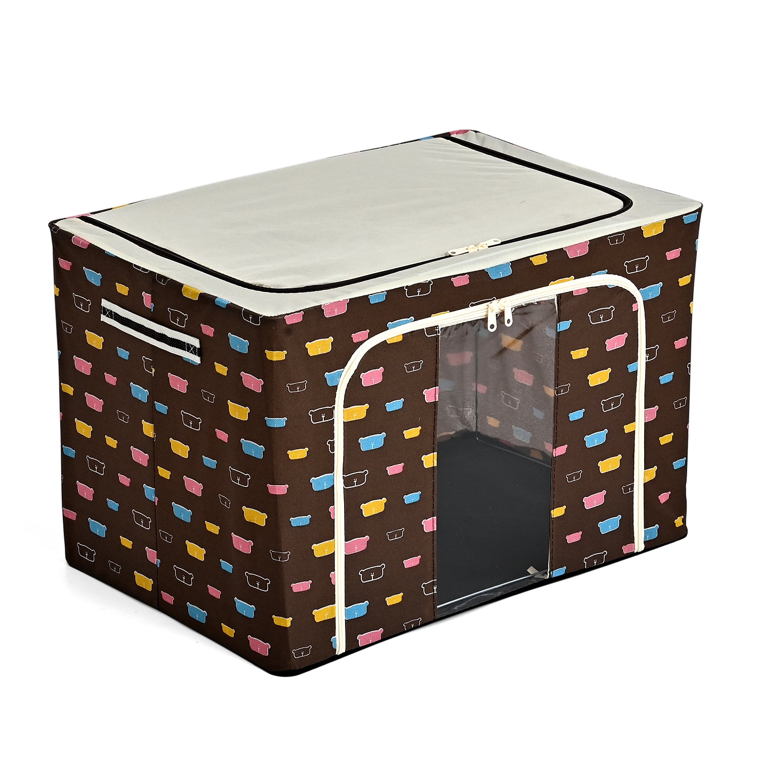 Multi-icon Print Foldable Steel Frame Clothes Organizer with Clear Window &amp; Dual Zippers (60x42x39cm) - Brown Bear V32528787 2
