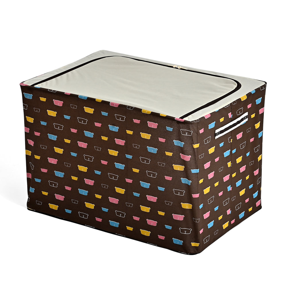 Multi-icon Print Foldable Steel Frame Clothes Organizer with Clear Window & Dual Zippers (60x42x39cm) - Brown Bear_8569961_2