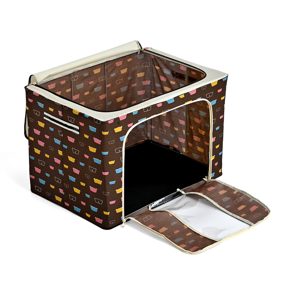 Multi-icon Print Foldable Steel Frame Clothes Organizer with Clear Window & Dual Zippers (60x42x39cm) - Brown Bear_8569961_3
