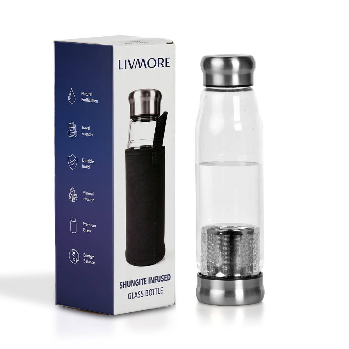Livmore Elite Shungite Infused Glass Water Bottle (20 g) - Black 8570352 0