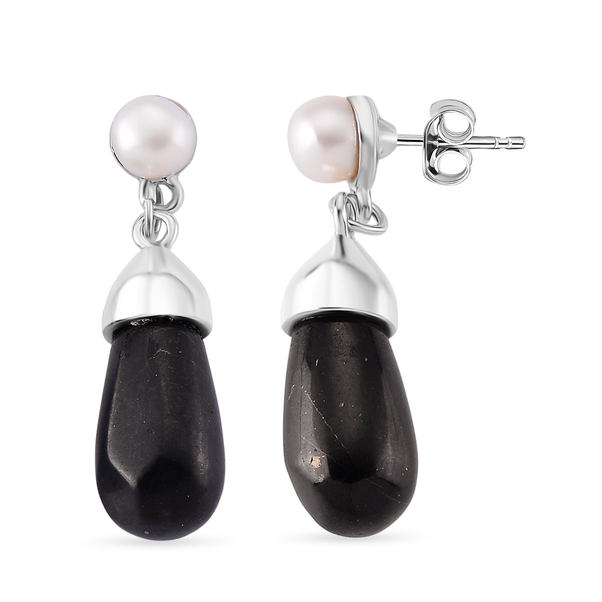 White Fresh Water Pearl &amp; Shungite Drop Earring with Push Back in White Tone 40.00 Ct. 8570373 0