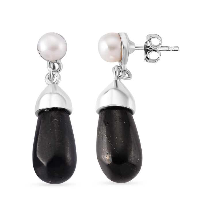 White Fresh Water Pearl &amp; Shungite Drop Earring with Push Back in White Tone 40.00 Ct. 8570373 1